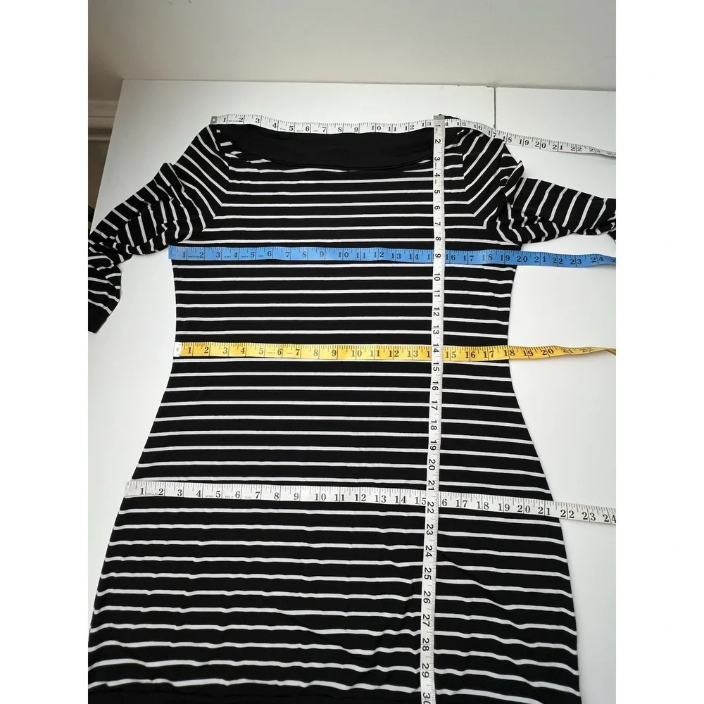 White House Black Market Tunic Dress L Black White Stripes Boat Coastal 3/4 Slv